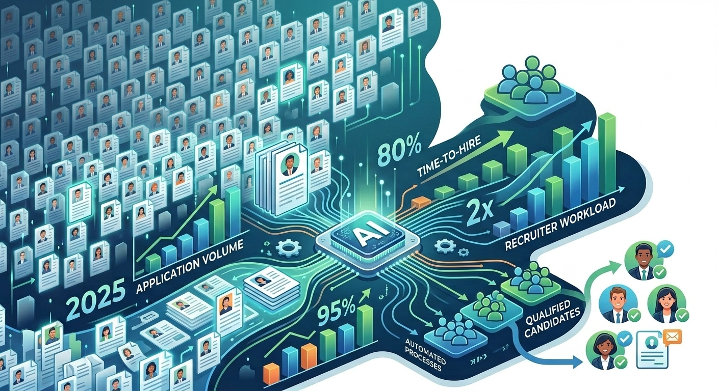 Infographic showing key recruitment statistics: 80% time-to-hire, 2x recruiter workload, 95% automated processes, and qualified candidates flow through AI