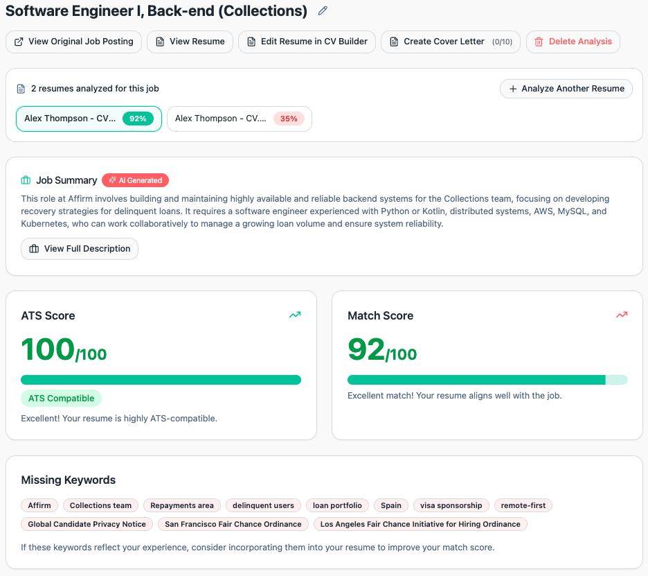 After optimization: ATS score 100 out of 100