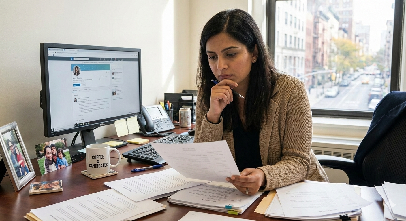 Recruiter die kandidaatdocumenten beoordeelt aan bureau